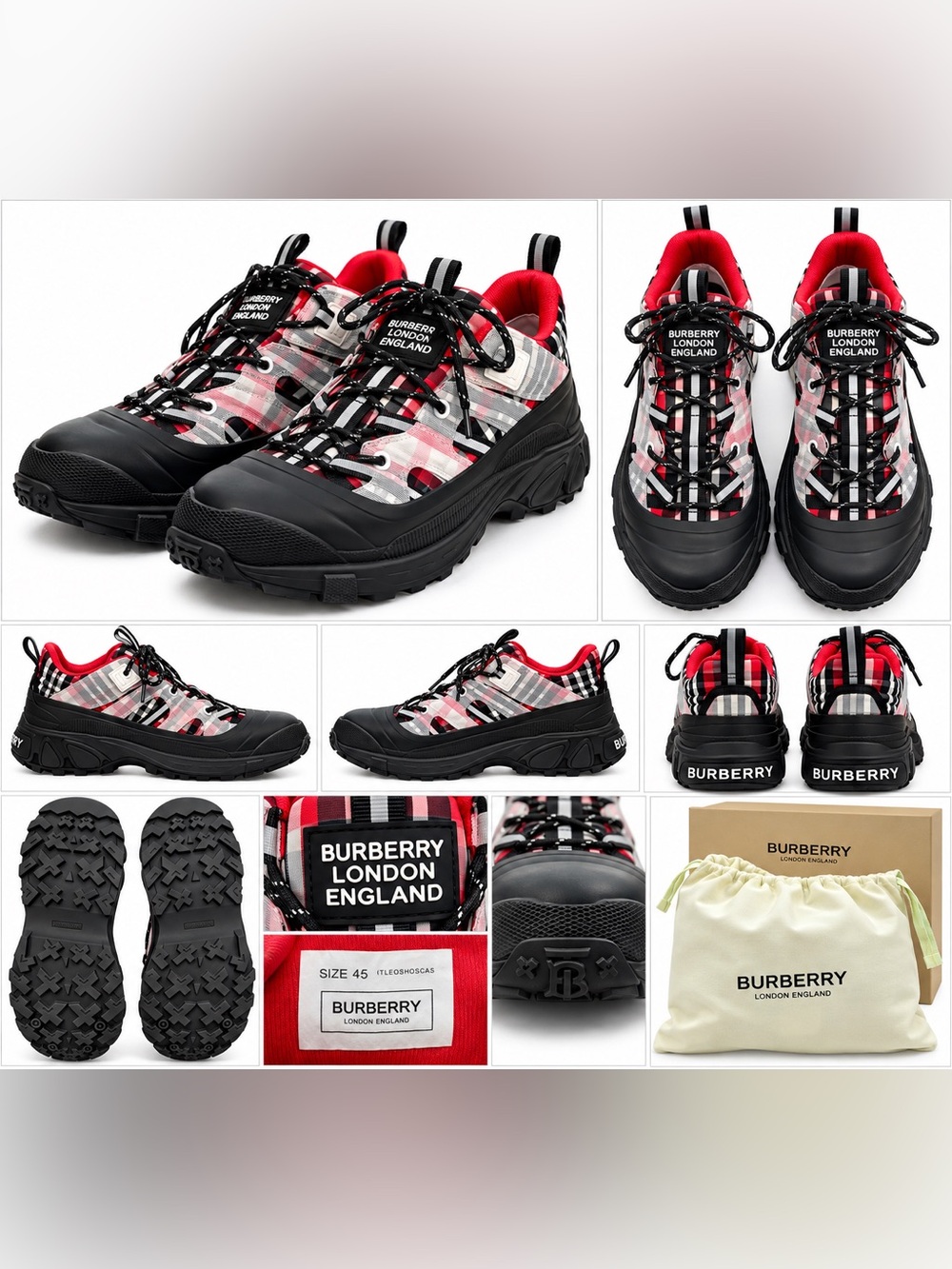 Burberry Men’s Check Arthur Sneakers Size 45 / US 12 Black Red Chunky Trainers - Picture 6 of 6
